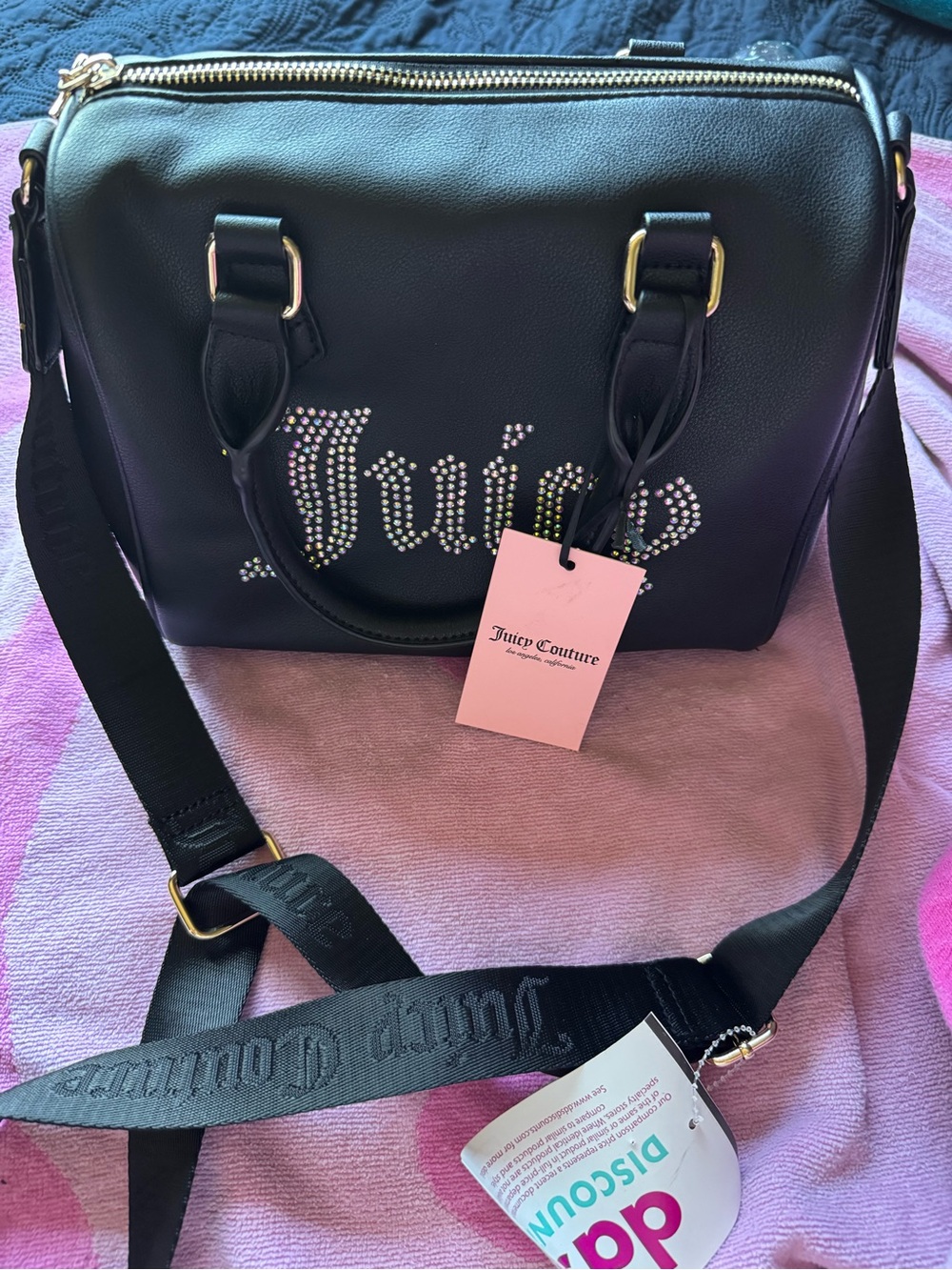 Juicy Couture Black Rhinestone Logo Shoulder Bag with Pink Tag